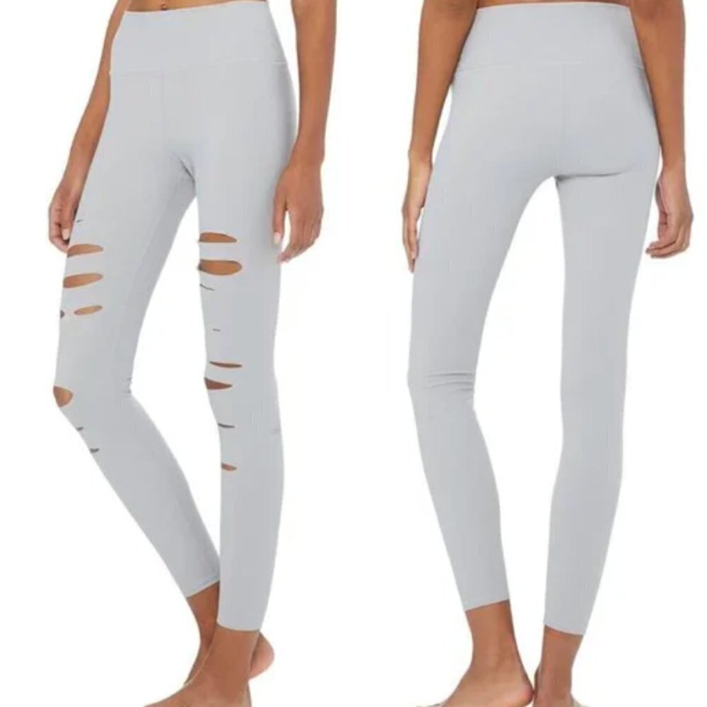 ☀️ ALO YOGA Warrior High Rise Ripped Leggings Alloy Gray Workout Pants XS